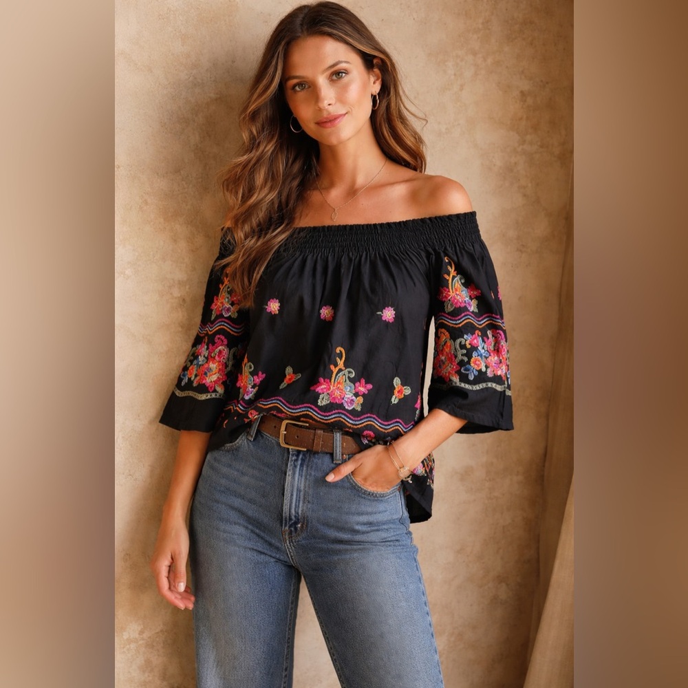 Artisan Embroidered Peasant Top | Smocked Off Shoulder Cotton XL · Studio West